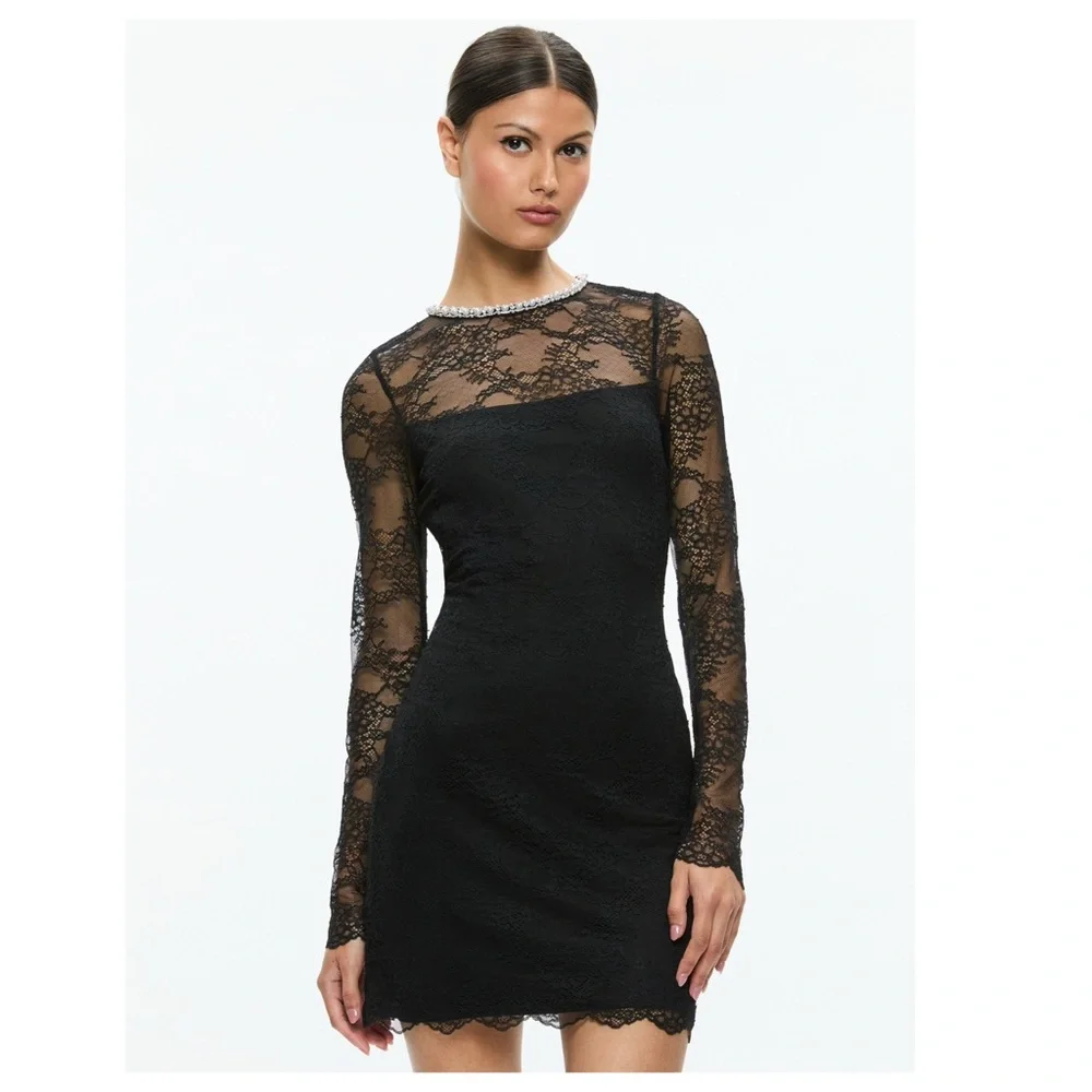 New! ALICE + OLIVIA “Delora” Embellished Neck Black Lace Mini Dress - Picture 3 of 11